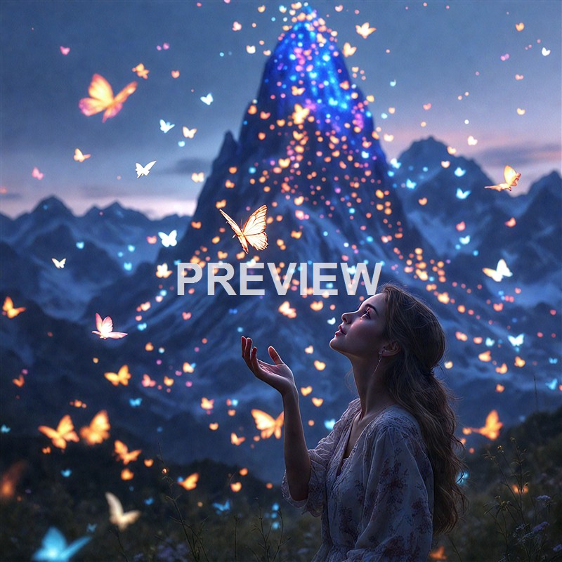 A woman stands in a mountainous landscape at dusk, surrounded by glowing butterflies and a towering mountain with colorful lights, creating a magical and surreal scene.